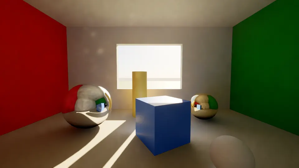 A sunlit room with red and green walls whose color bounces onto chrome and gold spheres