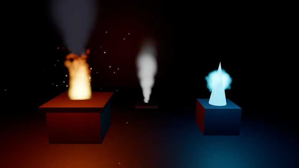 Fire, smoke and sparks rising beside a glowing crystal in a dark forge